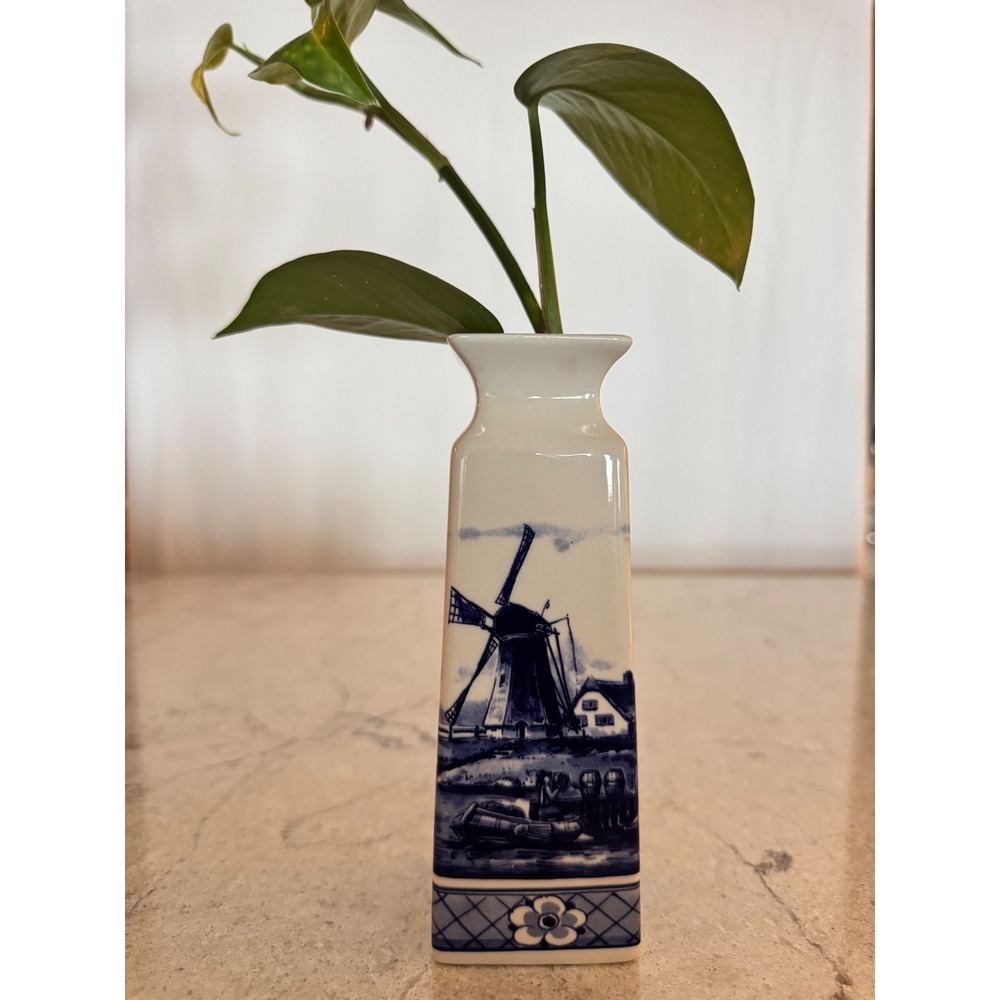 Heinen Delfts Blauw Windmill Bud Vase Blue White Ceramic Holland V0202
